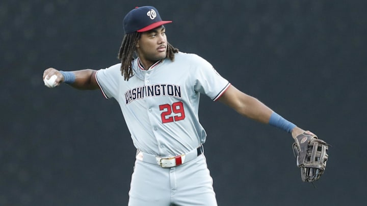 Sep 5, 2024; Pittsburgh, Pennsylvania, USA;  Washington Nationals left fielder James Wood (29) warms up before the game against the Pittsburgh Pirates at PNC Park.