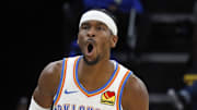 Nov 9, 2025; Memphis, Tennessee, USA; Oklahoma City Thunder guard Shai Gilgeous-Alexander (2) reacts after a three point basket during the fourth quarter against the Memphis Grizzlies at FedExForum. Mandatory Credit: Petre Thomas-Imagn Images
