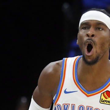 Nov 9, 2025; Memphis, Tennessee, USA; Oklahoma City Thunder guard Shai Gilgeous-Alexander (2) reacts after a three point basket during the fourth quarter against the Memphis Grizzlies at FedExForum. Mandatory Credit: Petre Thomas-Imagn Images