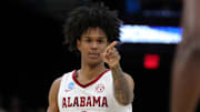 Alabama Crimson Tide guard Aden Holloway (2) celebrates during the second half of an NCAA Tournament Second Round game at Rocket Arena on Sunday, March 23, 2025, in Cleveland, Ohio.