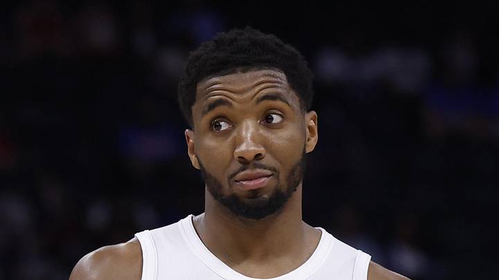 May 17, 2026; Detroit, Michigan, USA; Cleveland Cavaliers guard Donovan Mitchell (45) reacts during the second half against the Detroit Pistons during game seven of the second round of the 2026 NBA Playoffs at Little Caesars Arena. Mandatory Credit: Rick Osentoski-Imagn Images