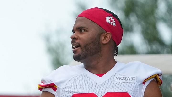 Kansas City Chiefs defensive tackle Jerry Tillery walks down the hill to the practice fields during training camp