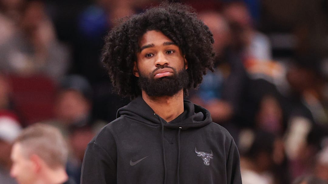 (Milwaukee Bucks v Chicago Bulls) Chicago Bulls guard Coby White looks on during a 2025-26 NBA preseason game against the Milwaukee Bucks.