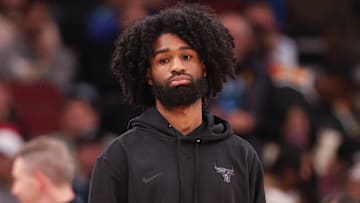 (Milwaukee Bucks v Chicago Bulls) Chicago Bulls guard Coby White looks on during a 2025-26 NBA preseason game against the Milwaukee Bucks.