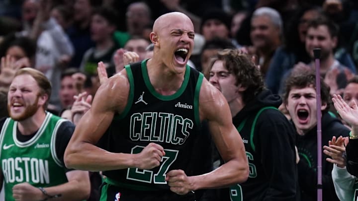 Nov 26, 2025; Boston, Massachusetts, USA; Boston Celtics guard Jordan Walsh (27) and Detroit Pistons guard Cade Cunningham (2) react after an out of bound ball called in the Celtics favor in the last seconds of the fourth quarter at TD Garden. Mandatory Credit: David Butler II-Imagn Images