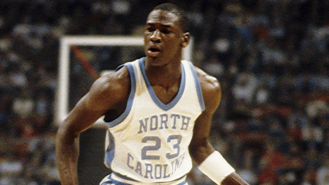 Mar 22, 1984; Atlanta, GA, USA; FILE PHOTO; North Carolina Tar Heels guard Michael Jordan (23) in action against the Indiana Hoosiers during the 1984 NCAA regional semi finals at The Omni. The Hoosiers defeated the Tar Heels 72-68. Mandatory Credit: Malcolm Emmons-Imagn Images 