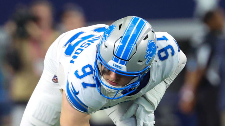 Detroit Lions defensive end Aidan Hutchinson (97) in action during the game against the Dallas Cowboys Detroit Lions defensive end Aidan Hutchinson (97) in action during the game against the Dallas Cowboys