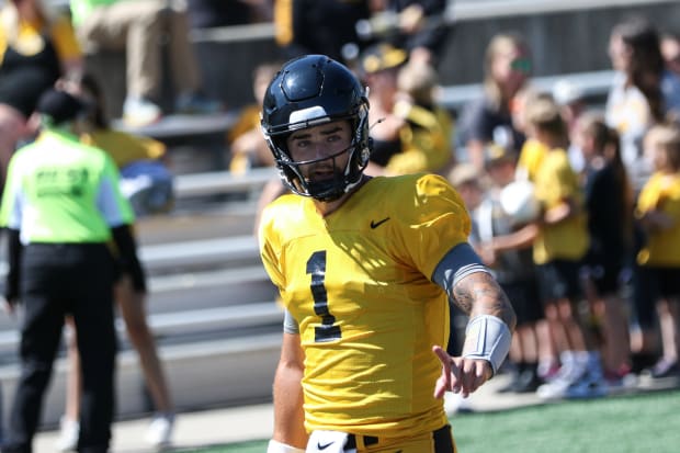 Iowa QB Brendan Sullivan at practice on Aug. 10, 2024 in Iowa City. (Rob Howe/HN) 