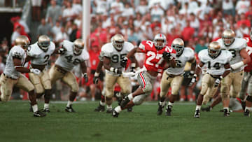 Eddie George gets away from the Notre Dame defense on a long run as the Buckeyes play against the Fighting Irish on September 30, 1995. Ohio State won the game 45-26 and it started a six-game winning streak for Ohio State.