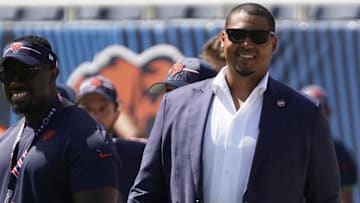 Ryan Poles, general manager of the Chicago Bears watches warm-ups before a game at Soldier Field.