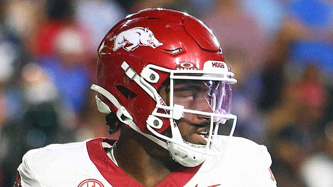 Sep 13, 2025; Oxford, Mississippi, USA; Arkansas Razorback running back Mike Washington Jr. (4) reacts after a touchdown during the fourth quarter against the Mississippi Rebels at Vaught-Hemingway Stadium. Mandatory Credit: Petre Thomas-Imagn Images
