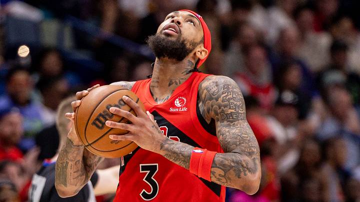 Mar 11, 2026; New Orleans, Louisiana, USA;  Toronto Raptors forward Brandon Ingram (3) reacts to a play against the New Orleans Pelicans during the second half at Smoothie King Center. Mandatory Credit: Stephen Lew-Imagn Images