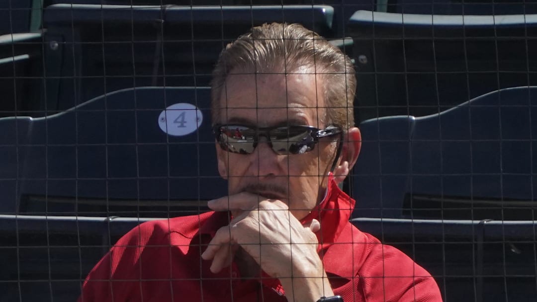 Mar 11, 2021; Tempe, Arizona, USA; Los Angeles Angels owner Arte Moreno watches game action during a spring training game against the San Francisco Giants at Tempe Diablo Stadium. Mandatory Credit: Rick Scuteri-Imagn Images
