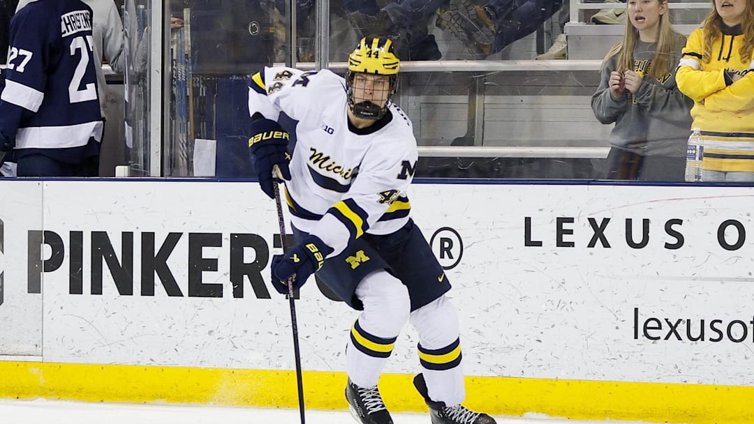 March 8, 2025; Ann Arbor, Michigan, USA; Michigan Wolverines forward Will Horcoff (44) handles the puck during the first period against the Penn State Nittany Lions at Yost Ice Arena. Mandatory Credit: Brian Bradshaw Sevald-Imagn Images