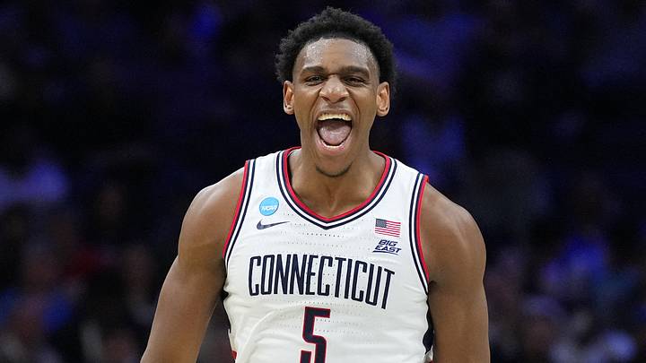 Mar 20, 2026; Philadelphia, PA, USA; UConn Huskies forward Tarris Reed Jr. (5) reacts in the first half during a first round game of the men's 2026 NCAA Tournament at Xfinity Mobile Arena. Mandatory Credit: Kyle Ross-Imagn Images