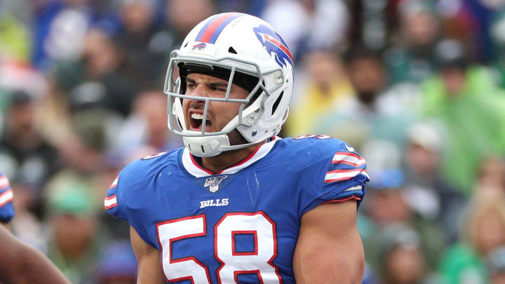 Bills linebacker Matt Milano celebrates a defensive stop against the Eagles.