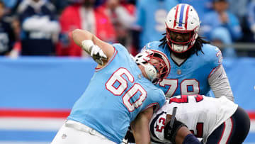 Tennessee Titans quarterback Will Levis (8) is sacked by Houston Texans defensive end Jonathan Greenard (52) under offensive tackle Daniel Brunskill (60) in overtime at Nissan Stadium in Nashville, Tenn., Sunday, Dec. 17, 2023.