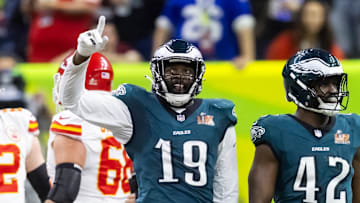 Feb 9, 2025; New Orleans, LA, USA; Philadelphia Eagles linebacker Josh Sweat (19) against the Kansas City Chiefs during Super Bowl LIX at Ceasars Superdome. Mandatory Credit: Mark J. Rebilas-Imagn Images