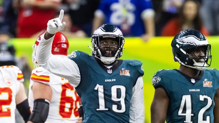 Feb 9, 2025; New Orleans, LA, USA; Philadelphia Eagles linebacker Josh Sweat (19) against the Kansas City Chiefs during Super Bowl LIX at Ceasars Superdome. Mandatory Credit: Mark J. Rebilas-Imagn Images Feb 9, 2025; New Orleans, LA, USA; Philadelphia Eagles linebacker Josh Sweat (19) against the Kansas City Chiefs during Super Bowl LIX at Ceasars Superdome. Mandatory Credit: Mark J. Rebilas-Imagn Images