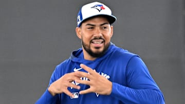 Feb 20, 2025; Dunedin, FL, USA; Toronto Blue Jays outfielder Anthony Santander (25) warms up during spring training at Cecil B. Englebert Complex.  Mandatory Credit: Jonathan Dyer-Imagn Images