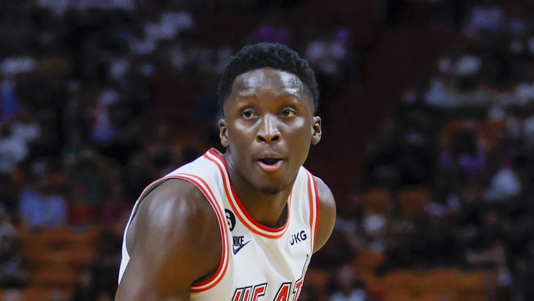 Apr 9, 2023; Miami, Florida, USA; Miami Heat guard Victor Oladipo (4) looks for a passing option during the third quarter against the Orlando Magic at Kaseya Center. Mandatory Credit: Sam Navarro-Imagn Images