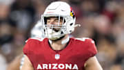 Aug 23, 2025; Glendale, Arizona, USA; Arizona Cardinals tight end Josiah Deguara (47) against the Las Vegas Raiders during a preseason NFL game at State Farm Stadium. Mandatory Credit: Mark J. Rebilas-Imagn Images