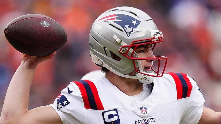 Jan 25, 2026; Denver, CO, USA; New England Patriots quarterback Drake Maye (10) drops back to pass against the Denver Broncos during the first half in the 2026 AFC Championship Game at Empower Field at Mile High. Mandatory Credit: Ron Chenoy-Imagn Images