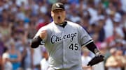Chicago White Sox closer Bobby Jenks (45) celebrates after recording the final out in a win over the Chicago Cubs at Wrigley Field in 2006.