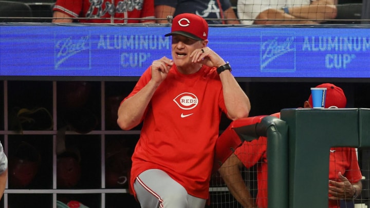 Jul 22, 2024; Atlanta, Georgia, USA; Cincinnati Reds manager David Bell (25) in the dugout against the Atlanta Braves in the ninth inning at Truist Park. Mandatory Credit: Brett Davis-USA TODAY Sports