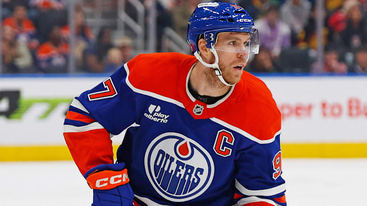 Sep 28, 2025; Edmonton, Alberta, CAN; Edmonton Oilers forward Connor McDavid (97) follows the play against the Vancouver Canucks at Rogers Place. Mandatory Credit: Perry Nelson-Imagn Images