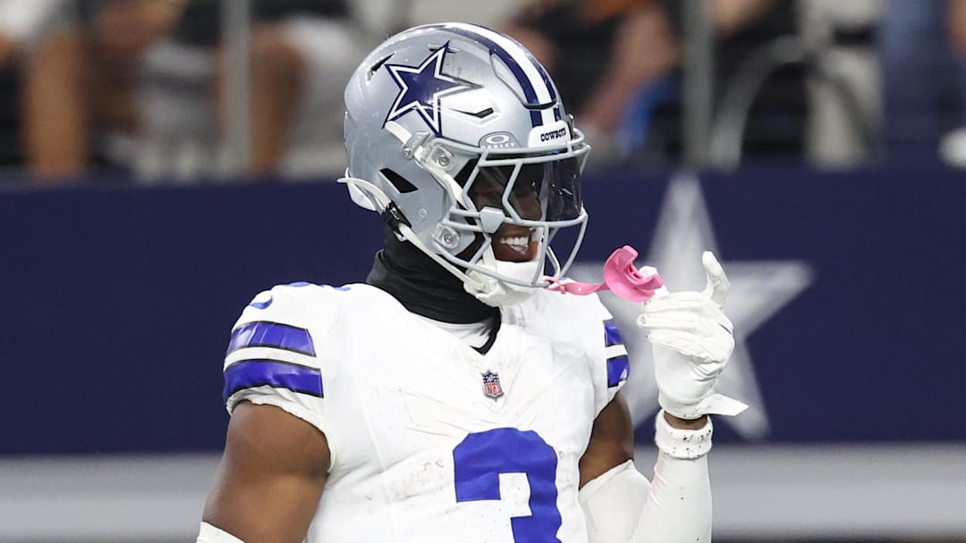 Sep 28, 2025; Arlington, Texas, USA; Dallas Cowboys wide receiver George Pickens (3) celebrates after scoring a touchdown in the fourth quarter against the Green Bay Packers at AT&T Stadium. Mandatory Credit: Kevin Jairaj-Imagn Images