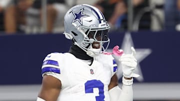 Sep 28, 2025; Arlington, Texas, USA; Dallas Cowboys wide receiver George Pickens (3) celebrates after scoring a touchdown in the fourth quarter against the Green Bay Packers at AT&T Stadium. Mandatory Credit: Kevin Jairaj-Imagn Images