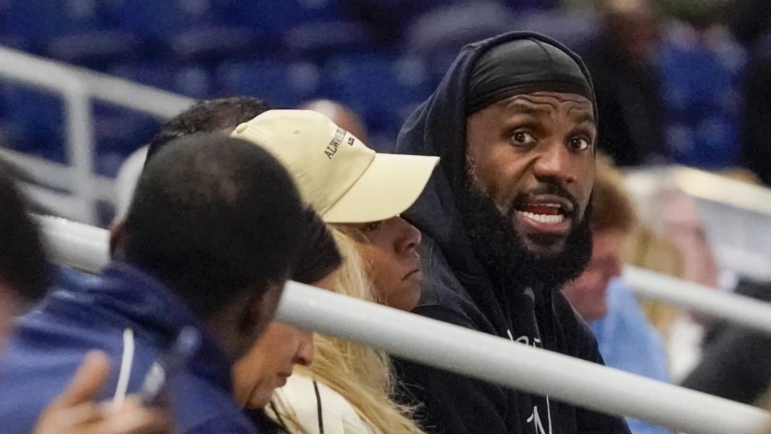 May 15, 2024; Chicago, IL, USA; LeBron James and his wife Savannah Brinson watch Bronny James participate in the 2024 NBA Draft Combine at Wintrust Arena. Mandatory Credit: David Banks-USA TODAY Sports