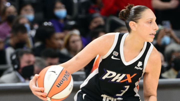 Oct 13, 2021; Phoenix, Arizona, USA; Phoenix Mercury guard Diana Taurasi (3) dribbles against the Chicago Sky during overtime of game two of the 2021 WNBA Finals at Footprint Center. Mandatory Credit: Joe Camporeale-Imagn Images