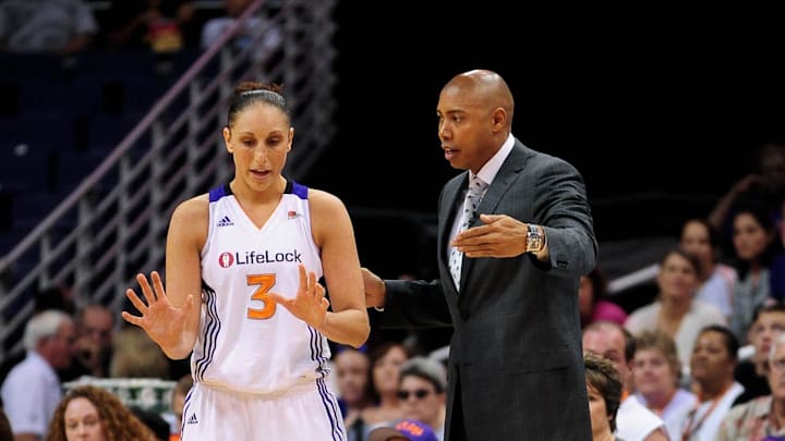Sep 25, 2011; Phoenix, AZ, USA; Phoenix Mercury guard Diana Taurasi (3) talks with head coach Corey Gaines (right) on the court while playing against the Minnesota Lynx at the US Airways Center. The Lynx defeated the Mercury 103-86. Mandatory Credit: Jennifer Stewart-Imagn Images Sep 25, 2011; Phoenix, AZ, USA; Phoenix Mercury guard Diana Taurasi (3) talks with head coach Corey Gaines (right) on the court while playing against the Minnesota Lynx at the US Airways Center. The Lynx defeated the Mercury 103-86. Mandatory Credit: Jennifer Stewart-Imagn Images