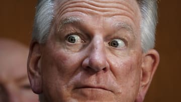 Apr 9, 2024; Washington, DC, USA;  Sen. Tommy Tuberville (R-Alabama) while Lloyd J. Austin III, Secretary of Defense and Michael J. McCord, Under Secretary of Defense (Comptroller) and General Charles Q. Brown, Jr., USAF, Chairman of the Joint Chiefs of Staff, appear at the Senate Armed Services hearing to examine the President's proposed budget request for fiscal year 2025 for the Department of Defense and Future Years Defense Program. Mandatory Credit: Jack Gruber-USA TODAY