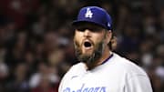 Los Angeles Dodgers starting pitcher Lance Lynn (35) reacts against the Arizona Diamondbacks in the second inning during Game 3 of the NLDS at Chase Field in Phoenix on Oct. 11, 2023.