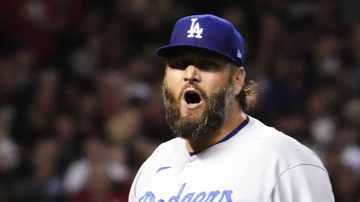 Los Angeles Dodgers starting pitcher Lance Lynn (35) reacts against the Arizona Diamondbacks in the second inning during Game 3 of the NLDS at Chase Field in Phoenix on Oct. 11, 2023.