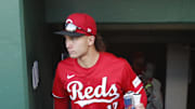 Aug 23, 2024; Pittsburgh, Pennsylvania, USA;  Cincinnati Reds center fielder Stuart Fairchild (17) enters the dugout to play the Pittsburgh Pirates  at PNC Park. Mandatory Credit: Charles LeClaire-Imagn Images