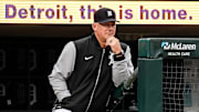 Detroit Tigers manager A.J. Hinch (14) watches a play against Kansas City Royals during the third inning at Comerica Park in Detroit on Thursday, April 17, 2025