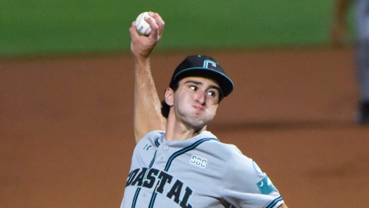 Coastal Carolina Chanticleer's Cameron Flukey (2) pitches against Auburn during NCAA Baseball Super Regonal action at Plainsman Park on the Auburn University campus in Auburn, Ala., on Friday June 6, 2025.
