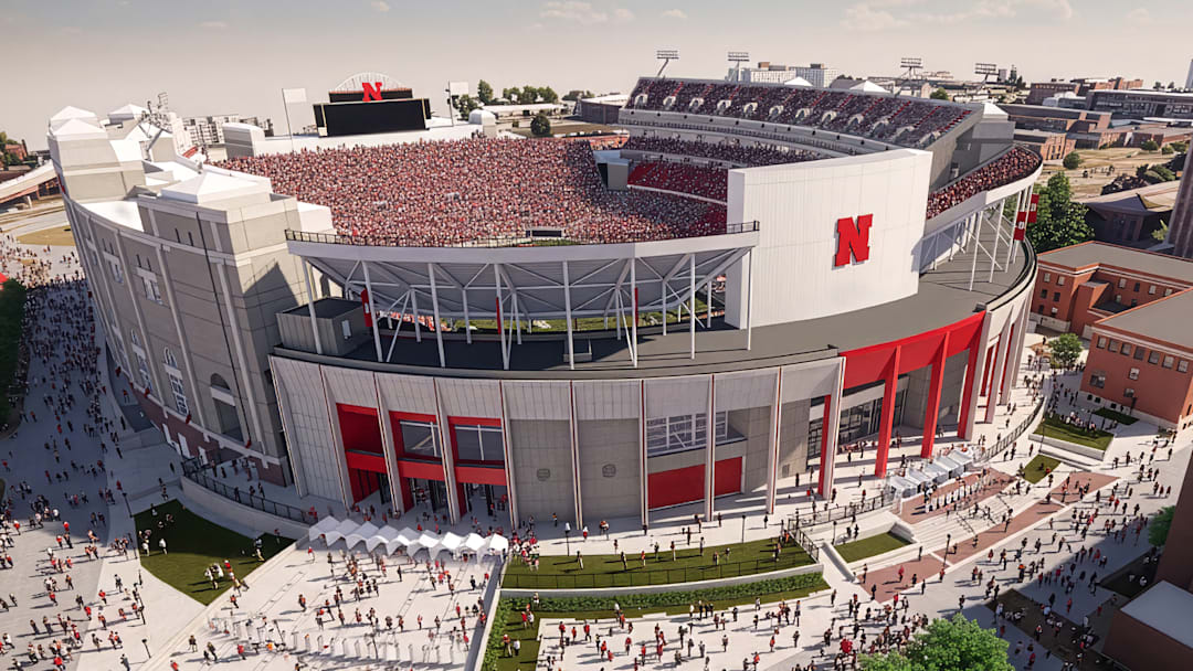 An aerial view of the proposed renovations of Memorial Stadium from the southwest.