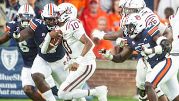 Auburn Tigers defensive lineman Malik Blocton (47) chases Alabama A&M Bulldogs quarterback Cornelious Brown IV (10) in the backfield as Auburn Tigers takes on Alabama A&M Bulldogs at Jordan-Hare Stadium in Auburn, Ala., on Saturday, Aug. 31, 2024. Auburn Tigers lead Alabama A&M Bulldogs 52-3 at halftime.