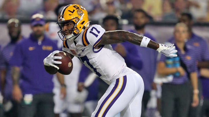 Oct 21, 2023; Baton Rouge, Louisiana, USA; LSU Tigers wide receiver Chris Hilton Jr. (17) runs after a catch against the Army Black Knights during the first half at Tiger Stadium. Mandatory Credit: Danny Wild-USA TODAY Sports