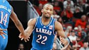 Kansas Jayhawks guard Darryn Peterson (22) scored 26 points as the Jayhawks beat host Louisville 90-82 during an exhibition game at the KFC Yum! Center in Louisville, Kentucky Friday, October 24, 2025.