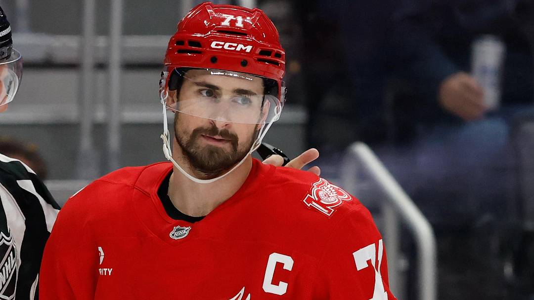 Nov 20, 2025; Detroit, Michigan, USA;  Detroit Red Wings center Dylan Larkin (71) reacts in the second period against the New York Islanders at Little Caesars Arena. Mandatory Credit: Rick Osentoski-Imagn Images