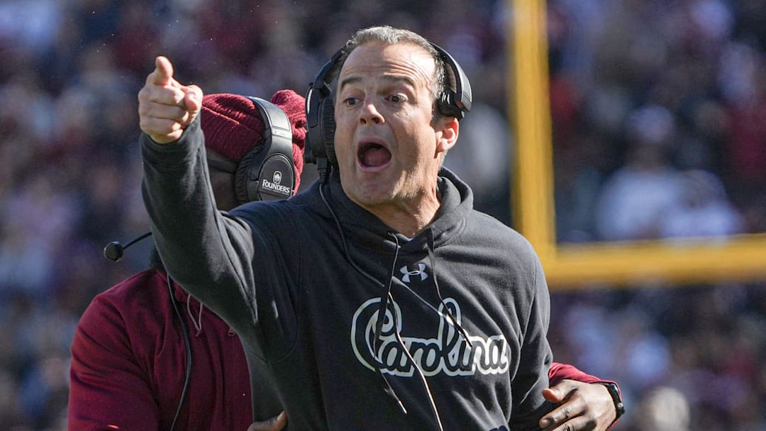South Carolina Head Coach Shane Beamer disputes a pass interference call in the game with Clemson during the second quarter at Williams-Brice Stadium in Columbia, S.C. Saturday, November 29, 2025.