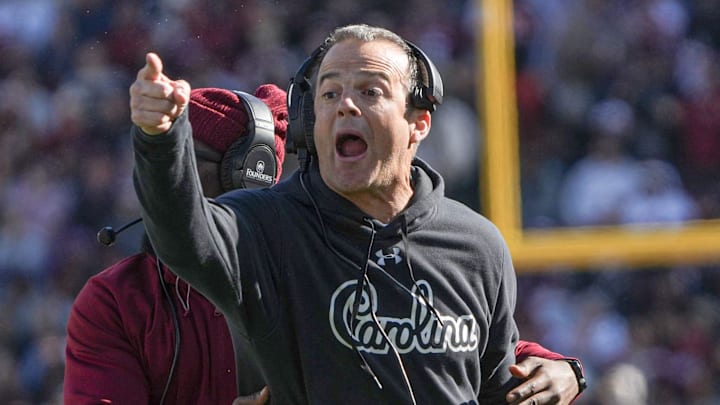 South Carolina Head Coach Shane Beamer disputes a pass interference call in the game with Clemson during the second quarter at Williams-Brice Stadium in Columbia, S.C. Saturday, November 29, 2025.