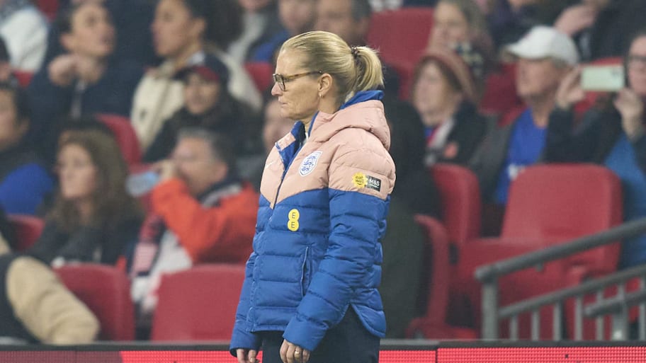 England head coach Sarina Wiegman in the first half of an International friendly at Wembley Stadium. | Peter van den Berg-Imagn Images