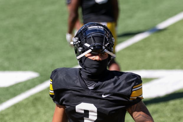 Iowa's Kaleb Brown at  practice on Aug. 10, 2024 in Iowa City. (Rob Howe/HN) 